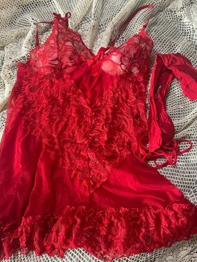 Frederick's of Hollywood Vibrant Red Lace & Satin Chemise